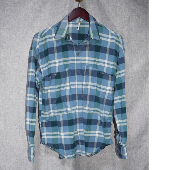 Free People Tops - Free People Blue Plaid Raw Hem Button Front Shirt Womens Medium
